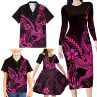 Pink Black Aloha Hawaii Family Matching Long Sleeve Bodycon Dress and Hawaiian Shirt Polynesian Shark Tattoo With Plumeria LT14 - Polynesian Pride