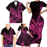 Pink Black Aloha Hawaii Family Matching Short Sleeve Bodycon Dress and Hawaiian Shirt Polynesian Shark Tattoo With Plumeria LT14 - Polynesian Pride