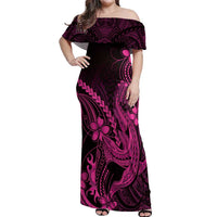 Pink Black Aloha Hawaii Off Shoulder Maxi Dress Polynesian Shark Tattoo With Plumeria - Polynesian Pride