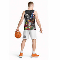 United States and American Samoa Basketball Jersey USA Flag Eagle With Seal Tropical Flowers