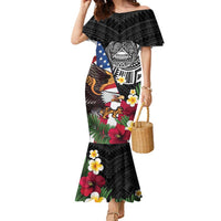 United States and American Samoa Family Matching Mermaid Dress and Hawaiian Shirt USA Flag Eagle With Seal Tropical Flowers LT14 Mom's Dress Black - Polynesian Pride