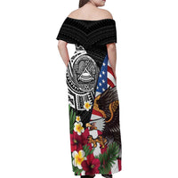 United States and American Samoa Family Matching Off Shoulder Maxi Dress and Hawaiian Shirt USA Flag Eagle With Seal Tropical Flowers LT14 - Polynesian Pride