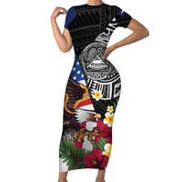 United States and American Samoa Family Matching Short Sleeve Bodycon Dress and Hawaiian Shirt USA Flag Eagle With Seal Tropical Flowers LT14 Mom's Dress Black - Polynesian Pride