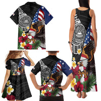 United States and American Samoa Family Matching Tank Maxi Dress and Hawaiian Shirt USA Flag Eagle With Seal Tropical Flowers LT14 - Polynesian Pride