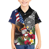 United States and American Samoa Family Matching Tank Maxi Dress and Hawaiian Shirt USA Flag Eagle With Seal Tropical Flowers LT14 Son's Shirt Black - Polynesian Pride