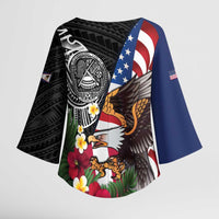United States and American Samoa Kimono Sleeve Blouse USA Flag Eagle With Seal Tropical Flowers