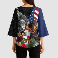 United States and American Samoa Kimono Sleeve Blouse USA Flag Eagle With Seal Tropical Flowers