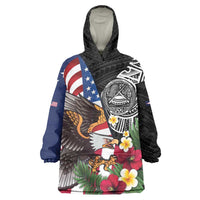 United States and American Samoa Wearable Blanket Hoodie USA Flag Eagle With Seal Tropical Flowers