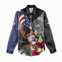 United States and American Samoa Women Casual Shirt USA Flag Eagle With Seal Tropical Flowers