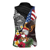 United States and American Samoa Women Sleeveless Polo Shirt USA Flag Eagle With Seal Tropical Flowers LT14 - Polynesian Pride