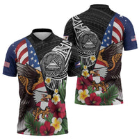 United States and American Samoa Zipper Polo Shirt USA Flag Eagle With Seal Tropical Flowers