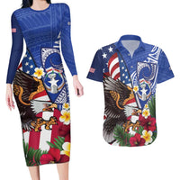 United States and Northern Mariana Islands Couples Matching Long Sleeve Bodycon Dress and Hawaiian Shirt USA Flag Eagle CNMI Latte Stone Tropical Flowers LT14 Blue - Polynesian Pride