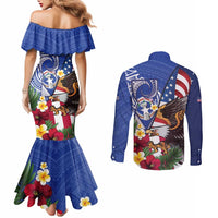 United States and Northern Mariana Islands Couples Matching Mermaid Dress and Long Sleeve Button Shirt USA Flag Eagle CNMI Latte Stone Tropical Flowers LT14 - Polynesian Pride