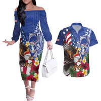 United States and Northern Mariana Islands Couples Matching Off The Shoulder Long Sleeve Dress and Hawaiian Shirt USA Flag Eagle CNMI Latte Stone Tropical Flowers LT14 Blue - Polynesian Pride