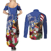 United States and Northern Mariana Islands Couples Matching Summer Maxi Dress and Long Sleeve Button Shirt USA Flag Eagle CNMI Latte Stone Tropical Flowers LT14 - Polynesian Pride