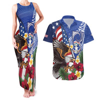 United States and Northern Mariana Islands Couples Matching Tank Maxi Dress and Hawaiian Shirt USA Flag Eagle CNMI Latte Stone Tropical Flowers LT14 Blue - Polynesian Pride