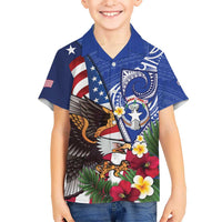 United States and Northern Mariana Islands Family Matching Summer Maxi Dress and Hawaiian Shirt USA Flag Eagle CNMI Latte Stone Tropical Flowers LT14 Son's Shirt Blue - Polynesian Pride