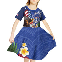 United States and Northern Mariana Islands Kid Short Sleeve Dress USA Flag Eagle CNMI Latte Stone Tropical Flowers LT14 - Polynesian Pride