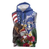 United States and Northern Mariana Islands Sleeveless Hoodie USA Flag Eagle CNMI Latte Stone Tropical Flowers LT14 Blue - Polynesian Pride