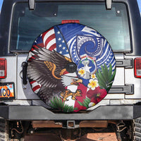 United States and Northern Mariana Islands Spare Tire Cover USA Flag Eagle CNMI Latte Stone Tropical Flowers LT14 Blue - Polynesian Pride