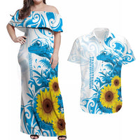 New Zealand Autism Awareness Month Couples Matching Off Shoulder Maxi Dress and Hawaiian Shirt Takiwatanga Maori Lizard With Sunflower LT14 Blue - Polynesian Pride