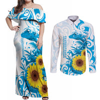 New Zealand Autism Awareness Month Couples Matching Off Shoulder Maxi Dress and Long Sleeve Button Shirt Takiwatanga Maori Lizard With Sunflower LT14 Blue - Polynesian Pride