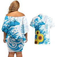 New Zealand Autism Awareness Month Couples Matching Off Shoulder Short Dress and Hawaiian Shirt Takiwatanga Maori Lizard With Sunflower LT14 - Polynesian Pride