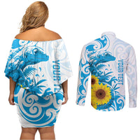 New Zealand Autism Awareness Month Couples Matching Off Shoulder Short Dress and Long Sleeve Button Shirt Takiwatanga Maori Lizard With Sunflower LT14 - Polynesian Pride