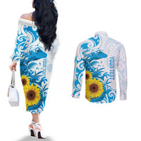 New Zealand Autism Awareness Month Couples Matching Off The Shoulder Long Sleeve Dress and Long Sleeve Button Shirt Takiwatanga Maori Lizard With Sunflower LT14 - Polynesian Pride