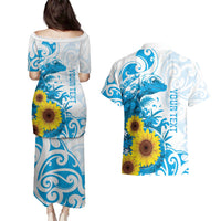 New Zealand Autism Awareness Month Couples Matching Puletasi and Hawaiian Shirt Takiwatanga Maori Lizard With Sunflower LT14 - Polynesian Pride