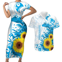 New Zealand Autism Awareness Month Couples Matching Short Sleeve Bodycon Dress and Hawaiian Shirt Takiwatanga Maori Lizard With Sunflower LT14 Blue - Polynesian Pride