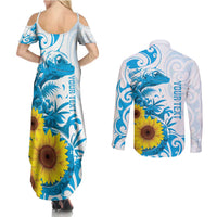 New Zealand Autism Awareness Month Couples Matching Summer Maxi Dress and Long Sleeve Button Shirt Takiwatanga Maori Lizard With Sunflower LT14 - Polynesian Pride