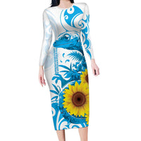 New Zealand Autism Awareness Month Family Matching Long Sleeve Bodycon Dress and Hawaiian Shirt Takiwatanga Maori Lizard With Sunflower LT14 Mom's Dress Blue - Polynesian Pride