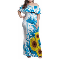 New Zealand Autism Awareness Month Family Matching Off Shoulder Maxi Dress and Hawaiian Shirt Takiwatanga Maori Lizard With Sunflower LT14 Mom's Dress Blue - Polynesian Pride