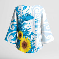 New Zealand Autism Awareness Month Kimono Sleeve Blouse Takiwatanga Maori Lizard With Sunflower LT14 - Polynesian Pride