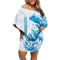 New Zealand Autism Awareness Month Off Shoulder Short Dress Takiwatanga Maori Lizard With Sunflower LT14 Women Blue - Polynesian Pride