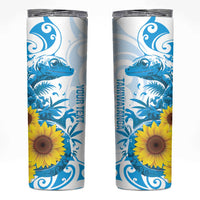 New Zealand Autism Awareness Month Skinny Tumbler Takiwatanga Maori Lizard With Sunflower LT14 Blue - Polynesian Pride