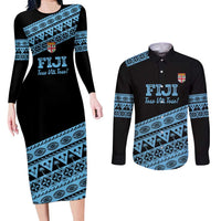 Fiji Rugby 2025 Custom Couples Matching Long Sleeve Bodycon Dress and Long Sleeve Button Shirt Fijian Tapa Toso Viti Toso - Black LT14 Black - Polynesian Pride