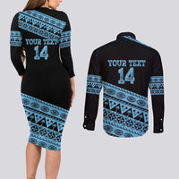 Fiji Rugby 2025 Custom Couples Matching Long Sleeve Bodycon Dress and Long Sleeve Button Shirt Fijian Tapa Toso Viti Toso - Black LT14 - Polynesian Pride