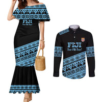 Fiji Rugby 2025 Custom Couples Matching Mermaid Dress and Long Sleeve Button Shirt Fijian Tapa Toso Viti Toso - Black LT14 Black - Polynesian Pride