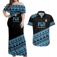 Fiji Rugby 2025 Custom Couples Matching Off Shoulder Maxi Dress and Hawaiian Shirt Fijian Tapa Toso Viti Toso - Black LT14 Black - Polynesian Pride