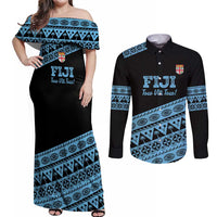 Fiji Rugby 2025 Custom Couples Matching Off Shoulder Maxi Dress and Long Sleeve Button Shirt Fijian Tapa Toso Viti Toso - Black LT14 Black - Polynesian Pride