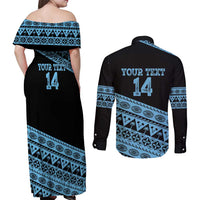 Fiji Rugby 2025 Custom Couples Matching Off Shoulder Maxi Dress and Long Sleeve Button Shirt Fijian Tapa Toso Viti Toso - Black LT14 - Polynesian Pride