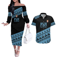 Fiji Rugby 2025 Custom Couples Matching Off The Shoulder Long Sleeve Dress and Hawaiian Shirt Fijian Tapa Toso Viti Toso - Black LT14 Black - Polynesian Pride