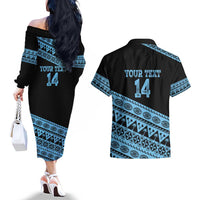Fiji Rugby 2025 Custom Couples Matching Off The Shoulder Long Sleeve Dress and Hawaiian Shirt Fijian Tapa Toso Viti Toso - Black LT14 - Polynesian Pride