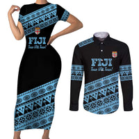 Fiji Rugby 2025 Custom Couples Matching Short Sleeve Bodycon Dress and Long Sleeve Button Shirt Fijian Tapa Toso Viti Toso - Black LT14 Black - Polynesian Pride