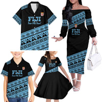 Fiji Rugby 2025 Custom Family Matching Off The Shoulder Long Sleeve Dress and Hawaiian Shirt Fijian Tapa Toso Viti Toso - Black LT14 - Polynesian Pride