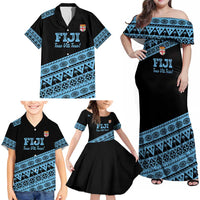 Fiji Rugby 2025 Custom Family Matching Off Shoulder Maxi Dress and Hawaiian Shirt Fijian Tapa Toso Viti Toso - Black LT14 - Polynesian Pride