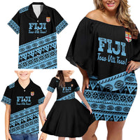 Fiji Rugby 2025 Custom Family Matching Off Shoulder Short Dress and Hawaiian Shirt Fijian Tapa Toso Viti Toso - Black LT14 - Polynesian Pride