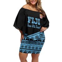 Fiji Rugby 2025 Custom Family Matching Off Shoulder Short Dress and Hawaiian Shirt Fijian Tapa Toso Viti Toso - Black LT14 Mom's Dress Black - Polynesian Pride